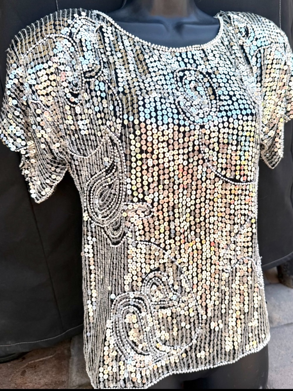 Vintage 70’s 100% Silk Silver Sequin Embellished Women's Top S